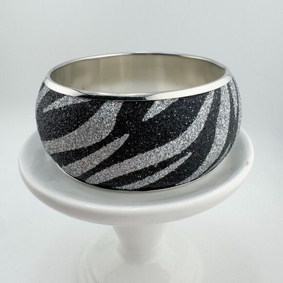 Vintage Zebra Glitter Bangle Bracelet Black Silver Sparkle Wide Animal Print 80s - Picture 4 of 8